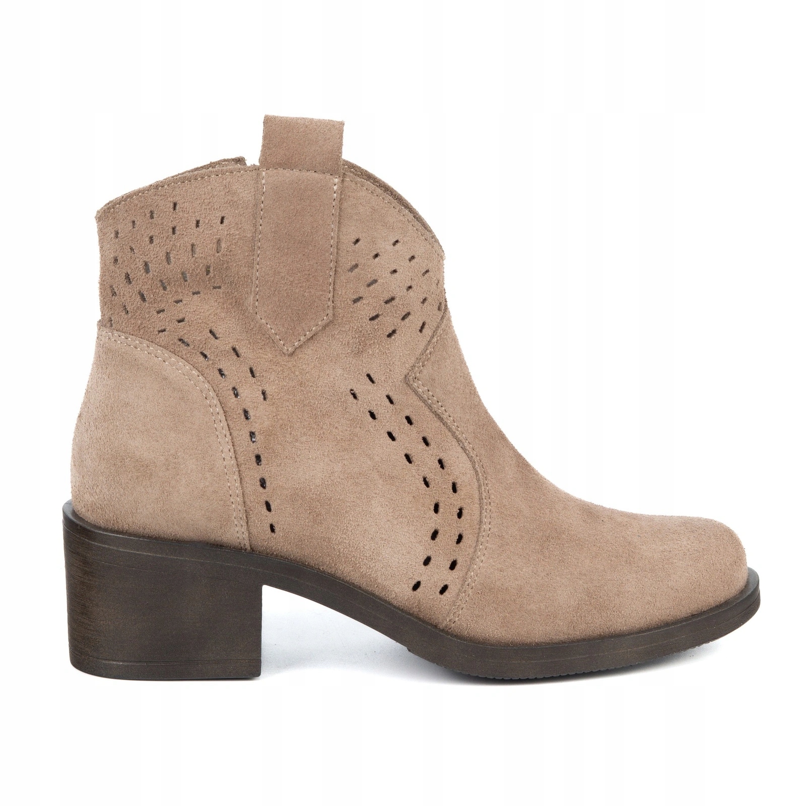 Ažurové dámské kotníkové boty na podpatku, kožené, velurové, prolamované, 0803W 39