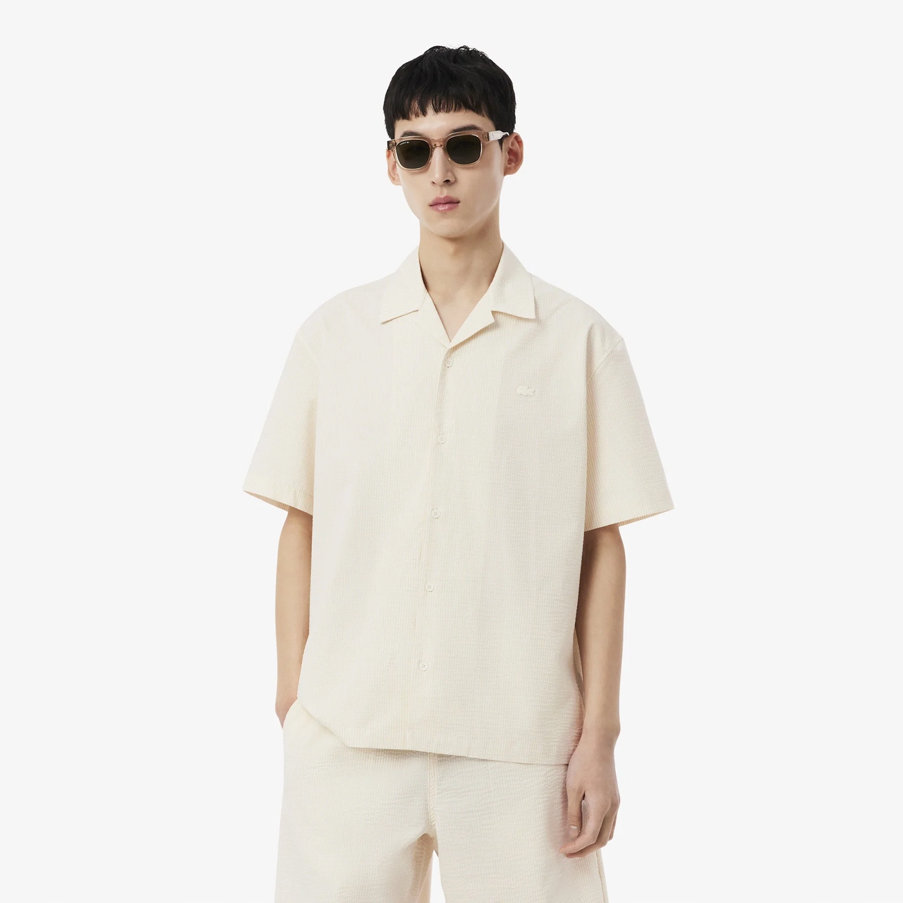 Lacoste Pánská košile Seersucker Blanc 42