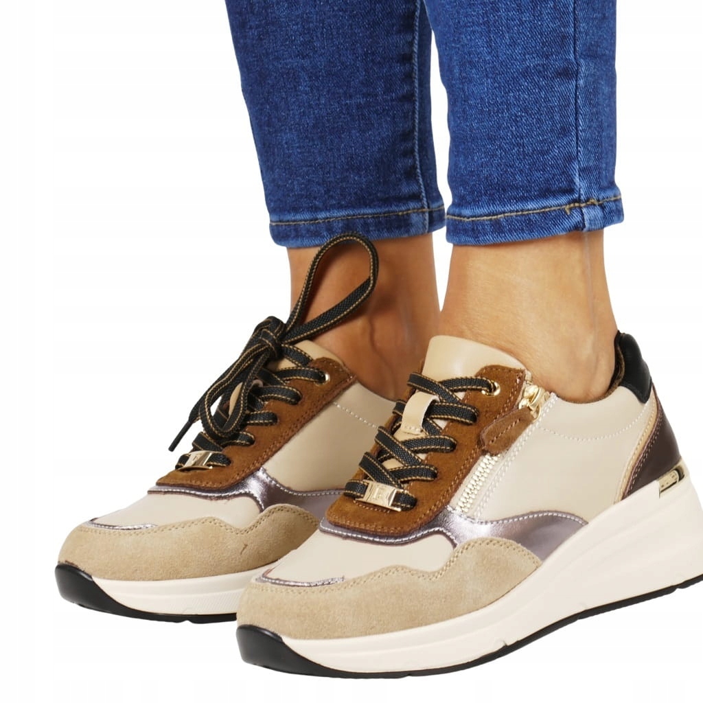 Béžové Hnědé Dámské Polobotky Z Kůže Na Platformě A Podpatku