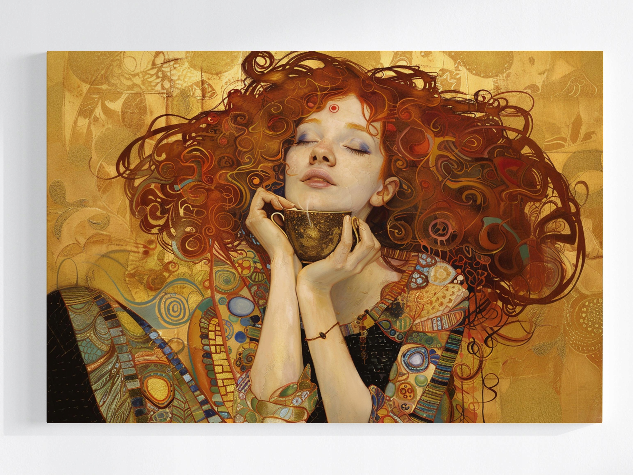 Obraz Na Plátně Canvas Portrét Ruda Žena Káva Umění Nouveau Klimt 120x80