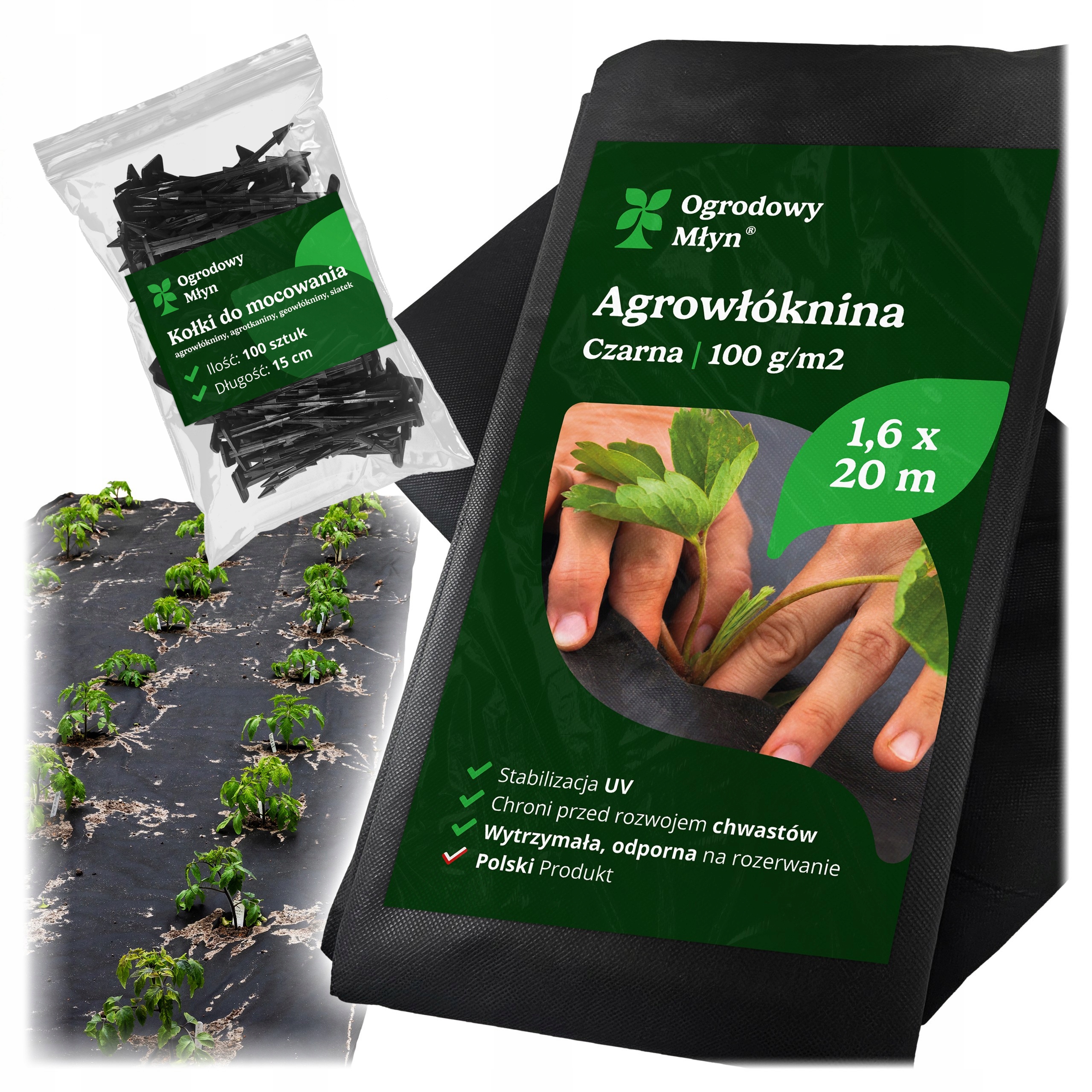 Włóknina ogrodowa czarna 1,6x20m 100 g Gruba na chwasty Kotwy Mocujące