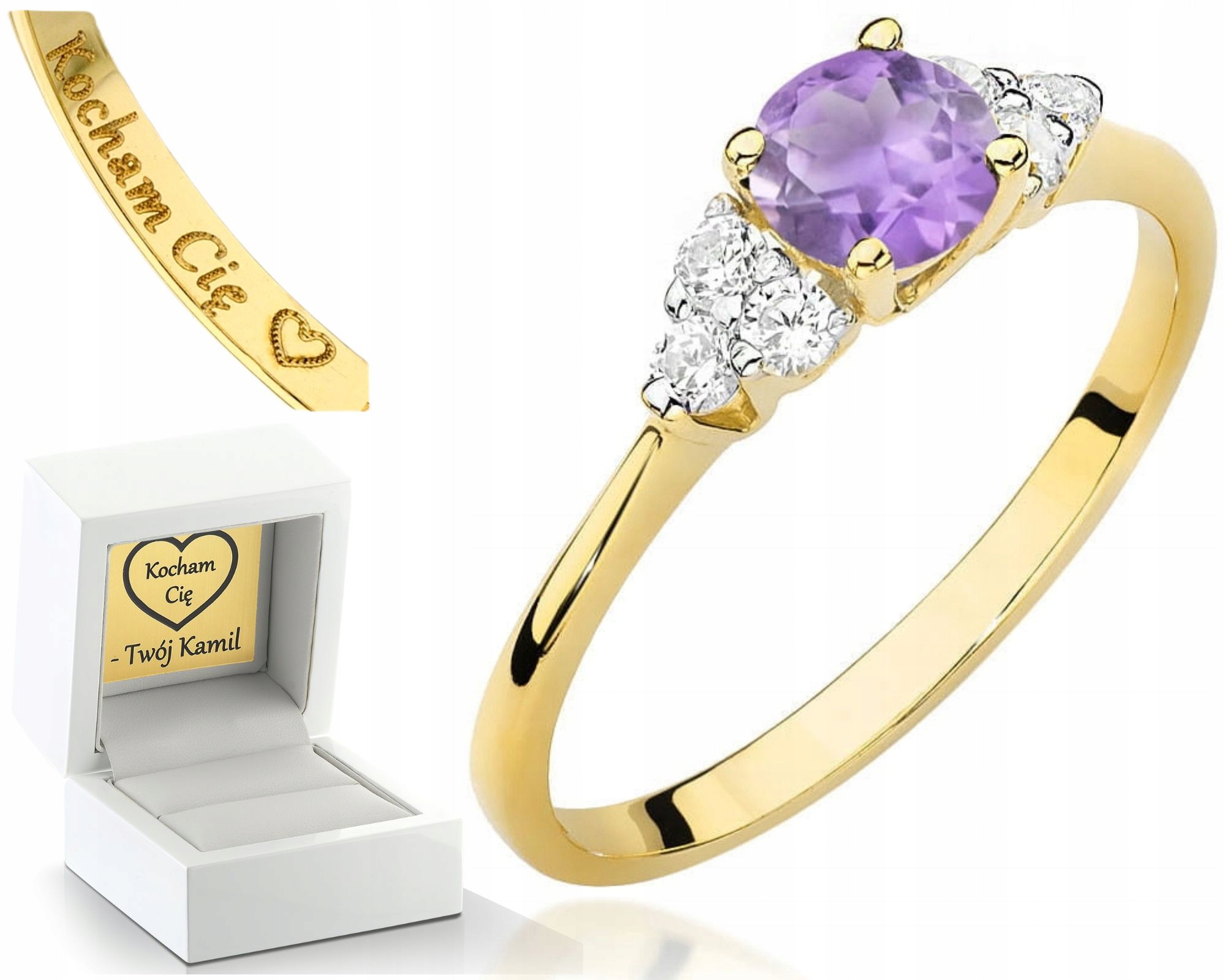 Zásnubní Prstýnek Ametyst Brilianty Žluté Zlato Gravírování 585 Dárek