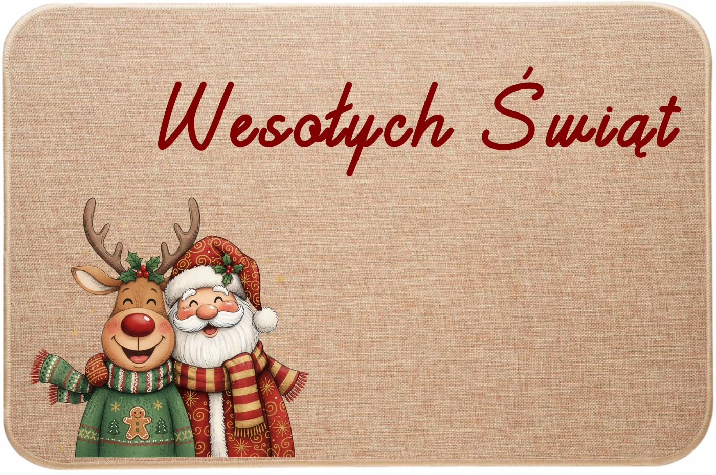 Vánoční lněná rohožka Mikuláš a Sob přejí veselé Vánoce
