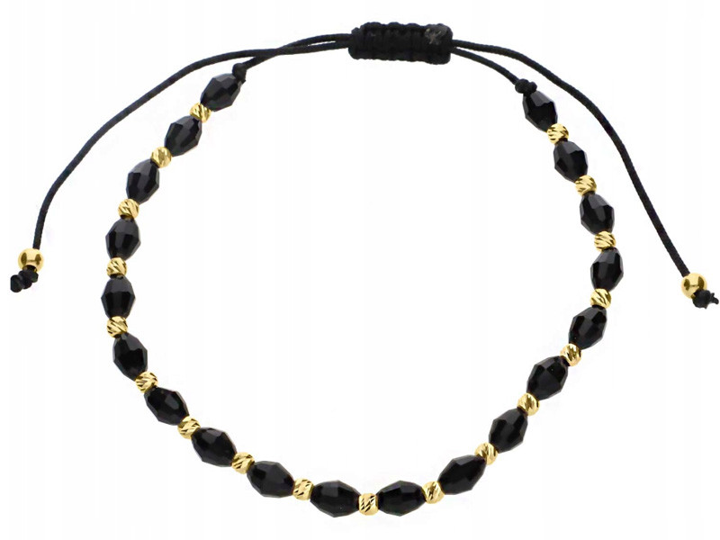 Šňůrkový náramek černý provázek 585 černé oválky a zlaté kuličky