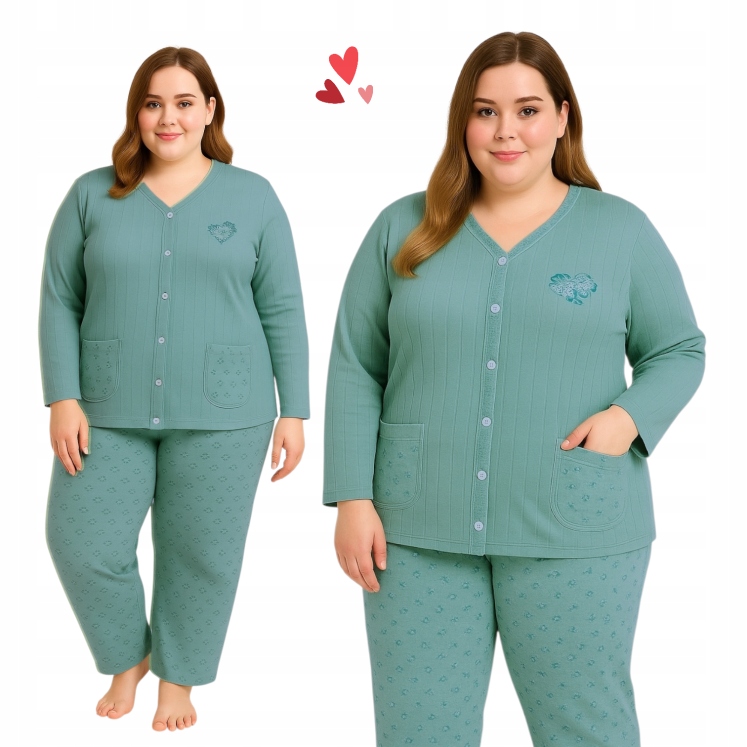 Piękna Ocieplana Piżama 100% Bawełna Prążek Kwiaty Duży Rozmiar 46 48 3XL