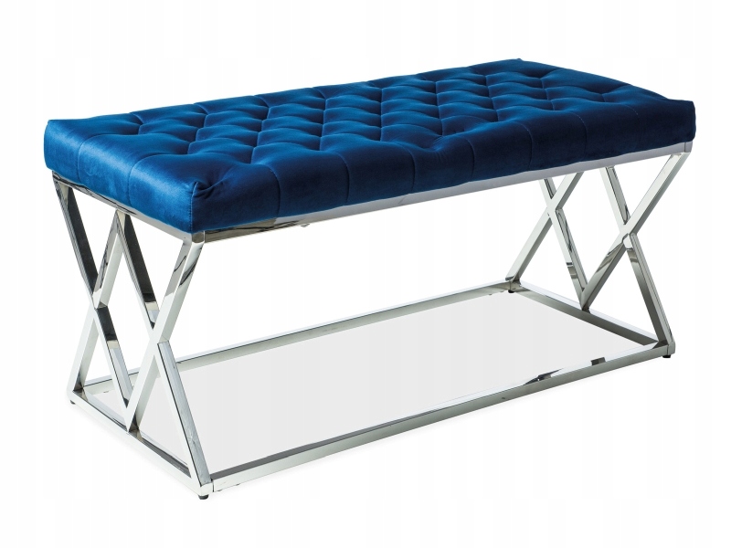 Prešívané sedadlo, strieborná lavica, modrá tkanina