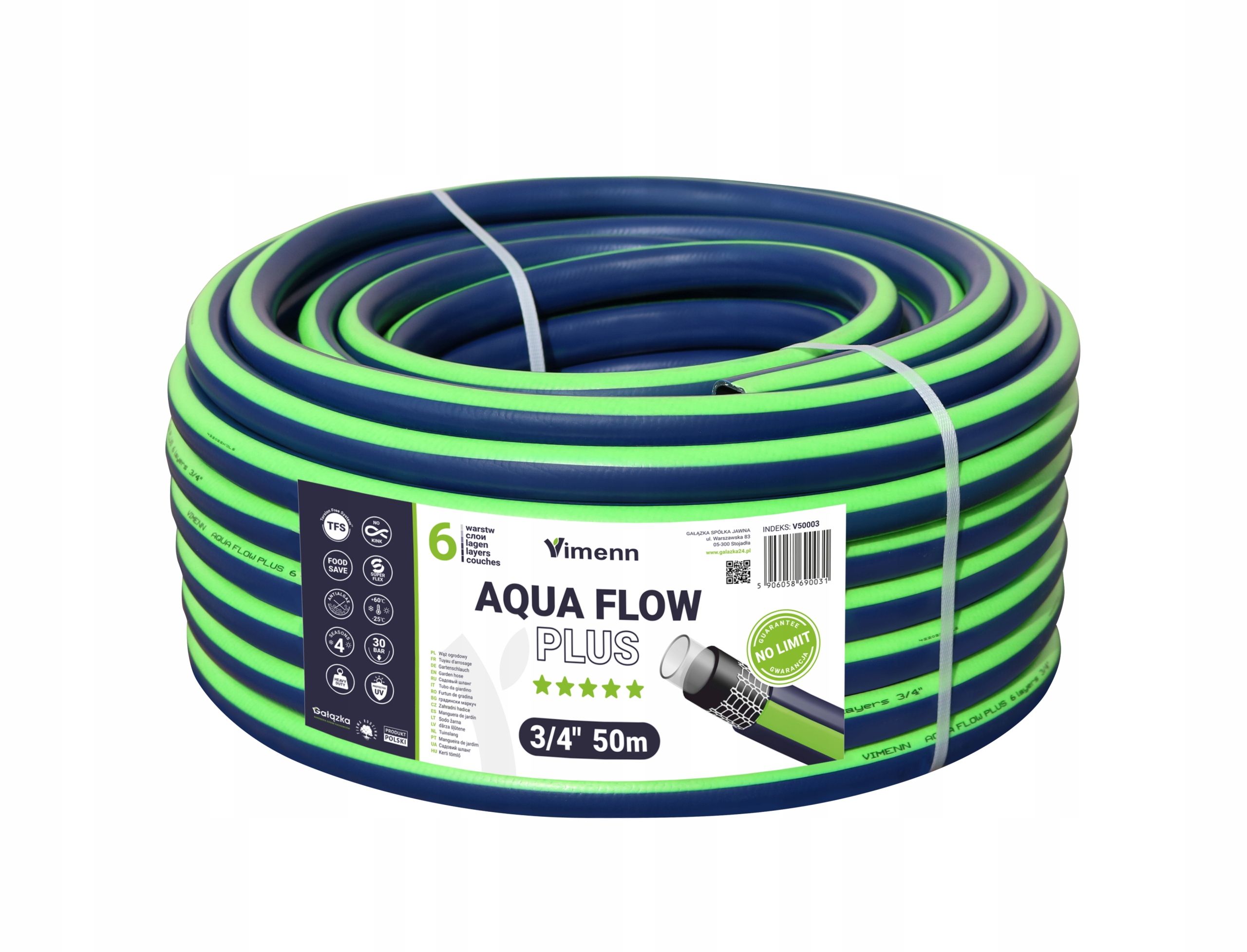 Wąż Ogrodowy Vimenn 6 Warstw 3/4" 50m Aqua Flow Plus Polski