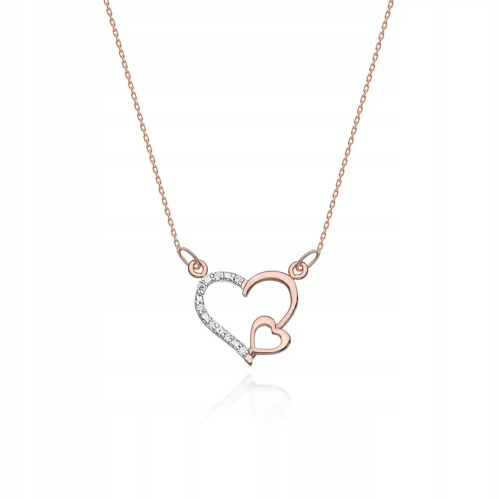 Náhrdelník z růžového zlata 585, dvě srdíčka s diamanty a brilianty 1.2 g