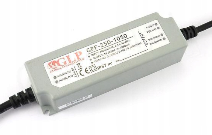 GPF-25D-1050: proudový impulsní napájecí zdroj 25 W 1050 mA/15~24 VDC, IP67, funkce