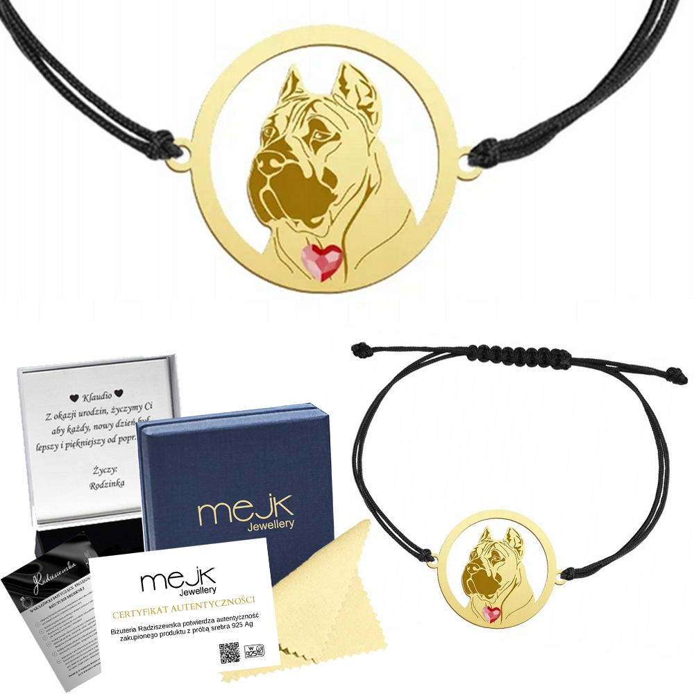 Zlatý náramek s psem Perro De Presa De Canario 925, šňůrka Gravírování