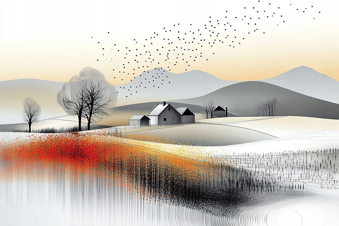 Obraz Na Plátně Canvas Krajina Hory Pahorky Vesnice Pole Květiny Ptáci 120x80