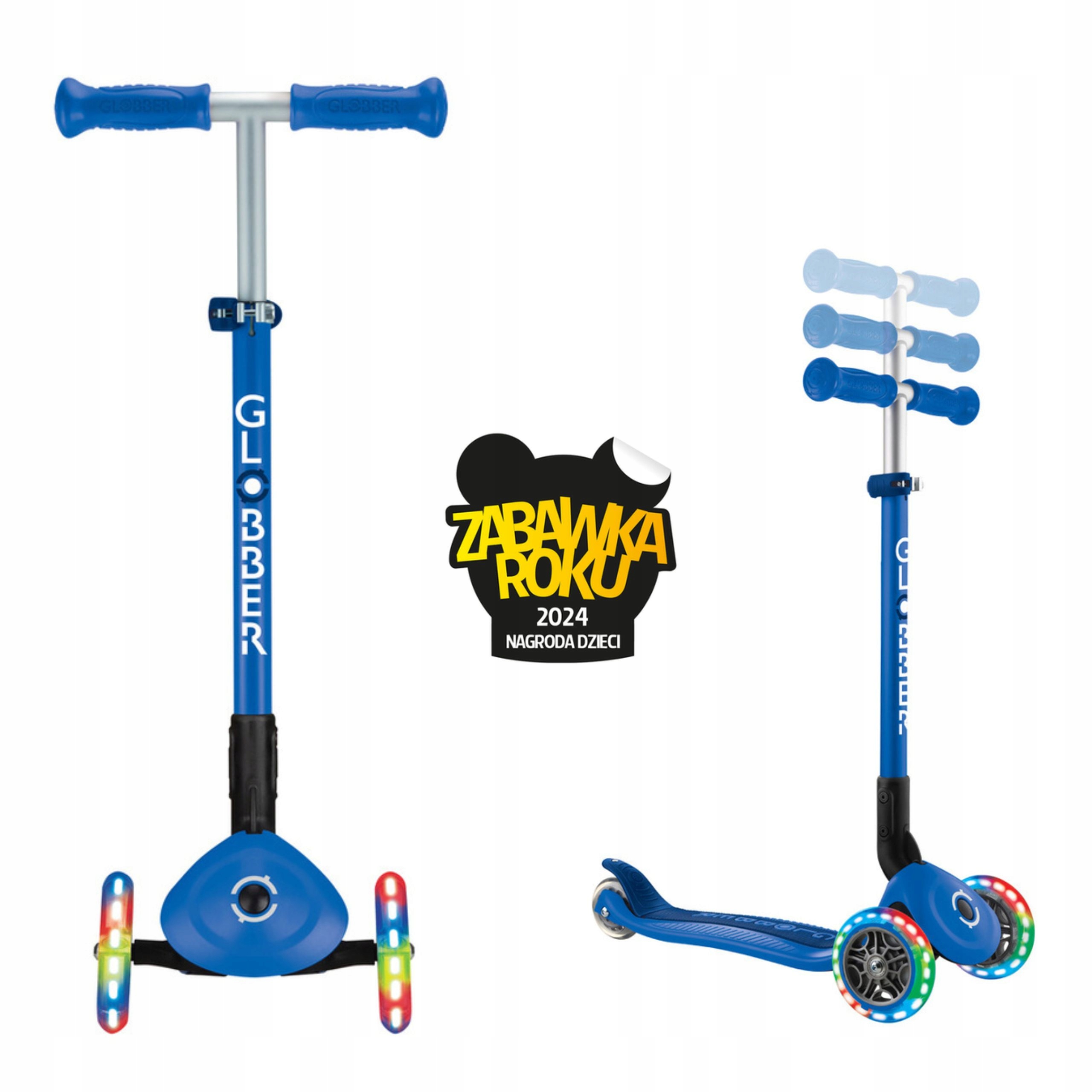 Bezpečná balanční koloběžka s 3 nastavitelnými Led kolečky Globber, modrá