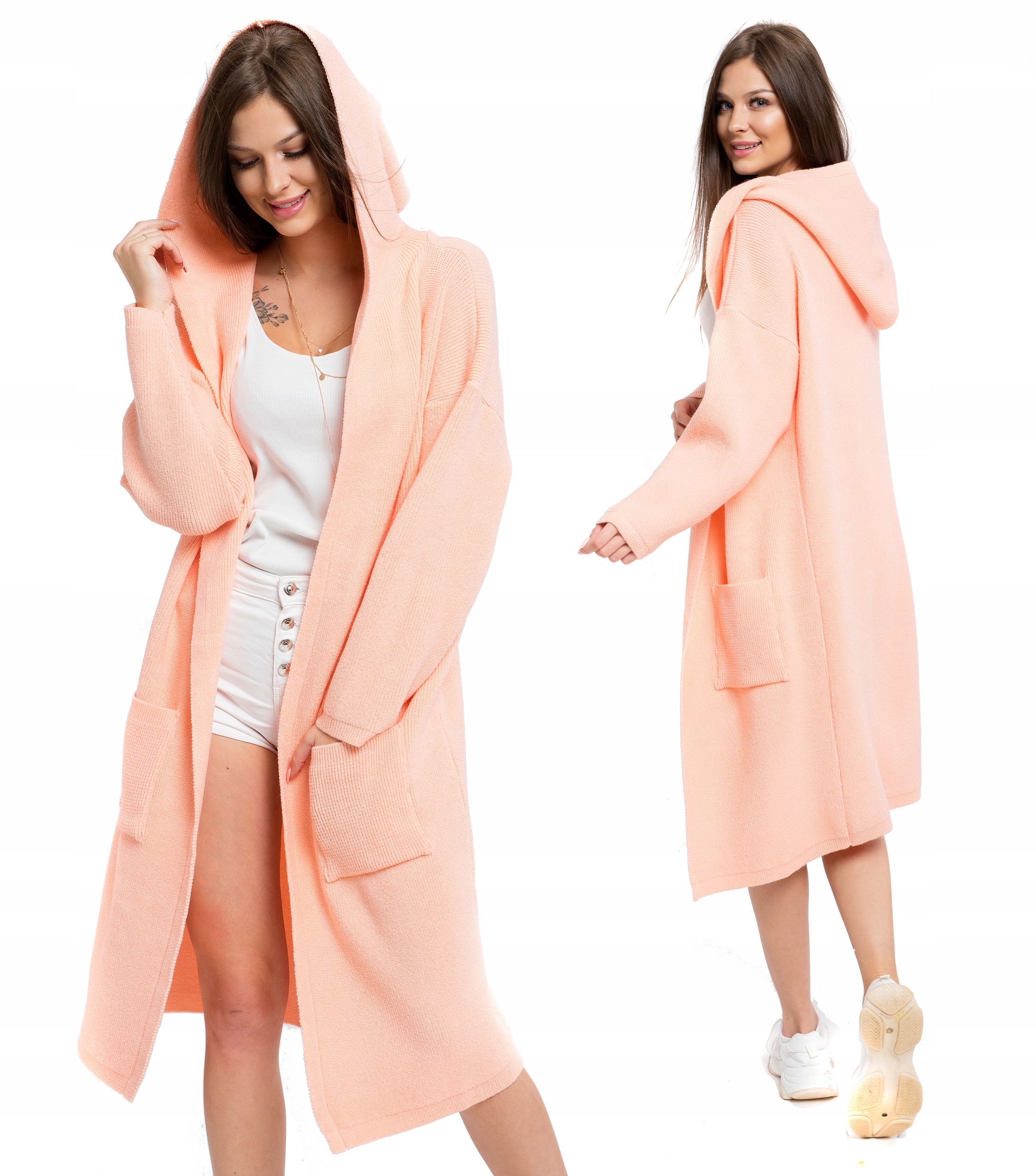 

Domi Sweter Kardigan Płaszcz Oversize Kaptur Long