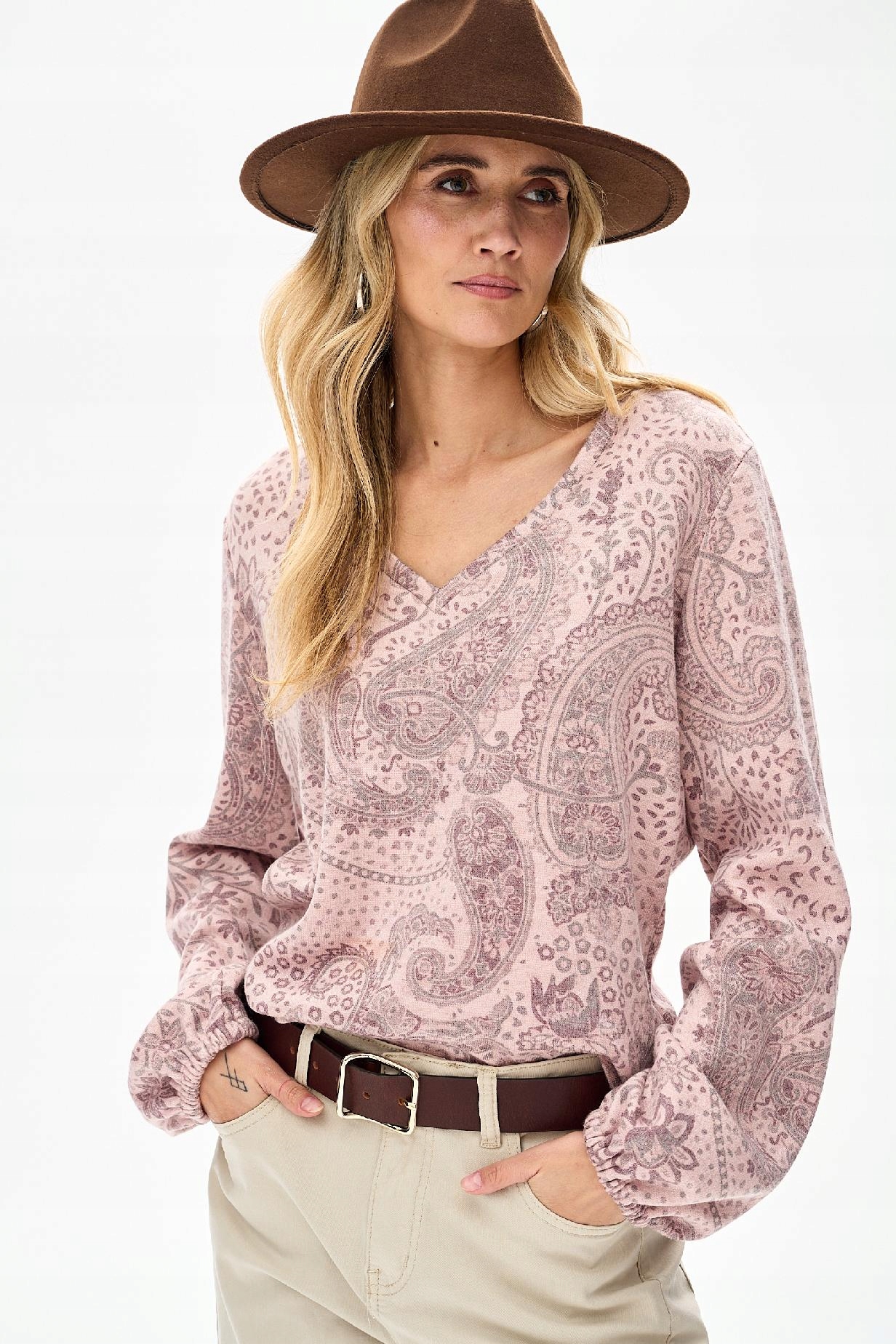 Dámský svetr s výstřihem do V boho růžový Annie blue shadow vel.