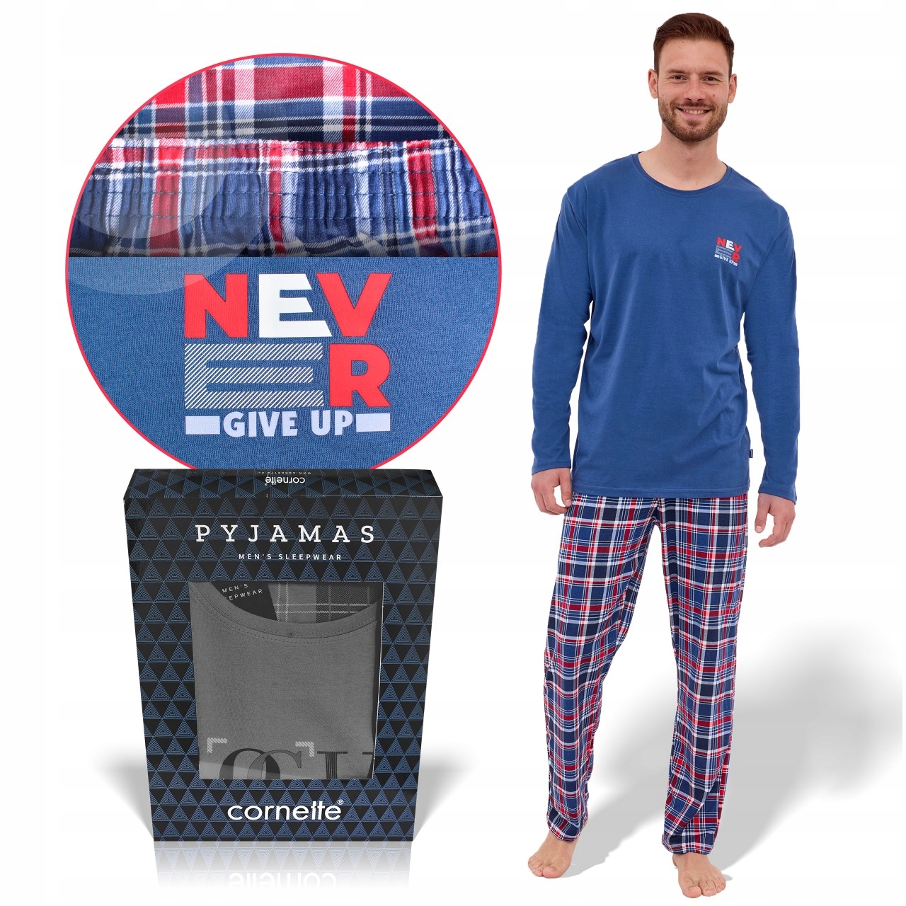 Cornette Pánské pyžamo NEVER2 bavlněné modré, velikost XXL
