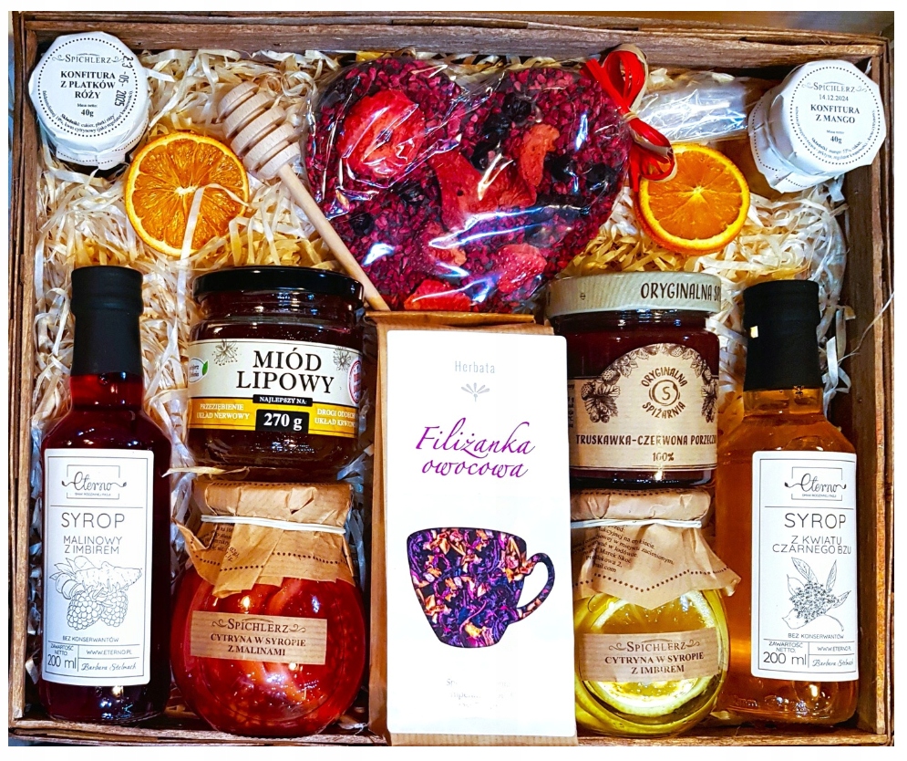 Duży Kosz Zestaw Prezentowy Miód Herbata Konfitury Czekolada Syrop