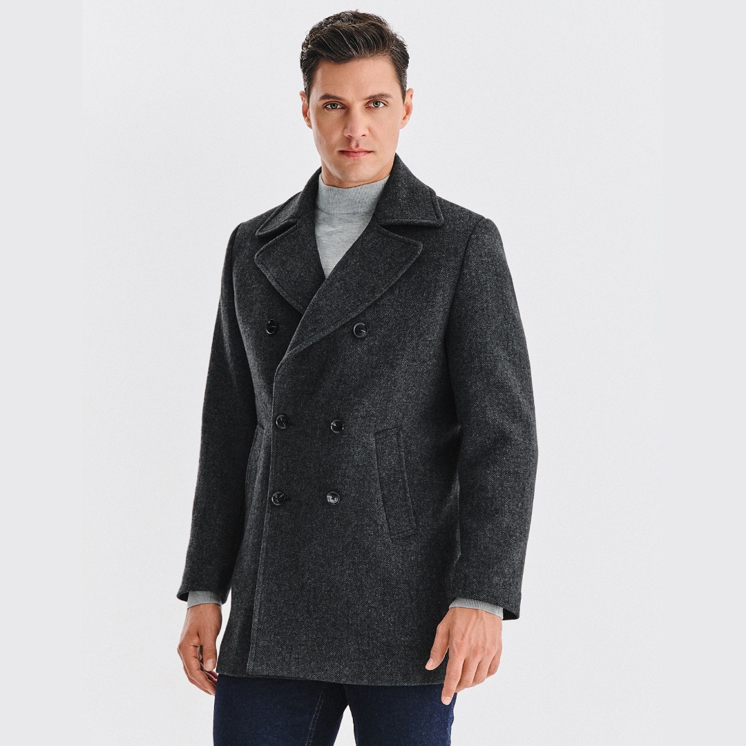 Pánský šedý kabát s vzorem rybí kosti a vlnou Pako Lorente , vel 54