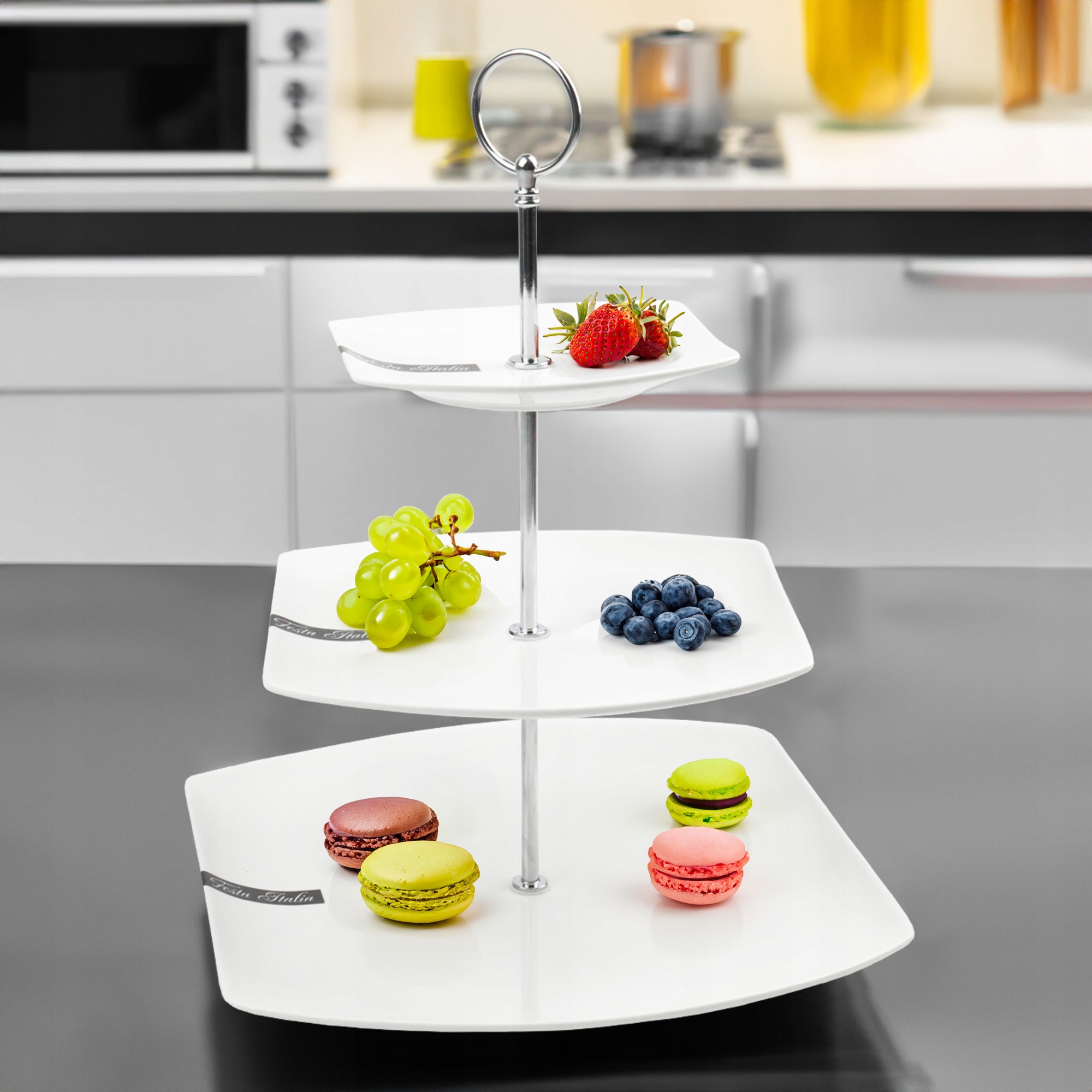 PATERA PORCELANOWA PIĘTROWA BIAŁA NOWOCZESNA NA CIASTO OWOCE 3-POZIOMOWA