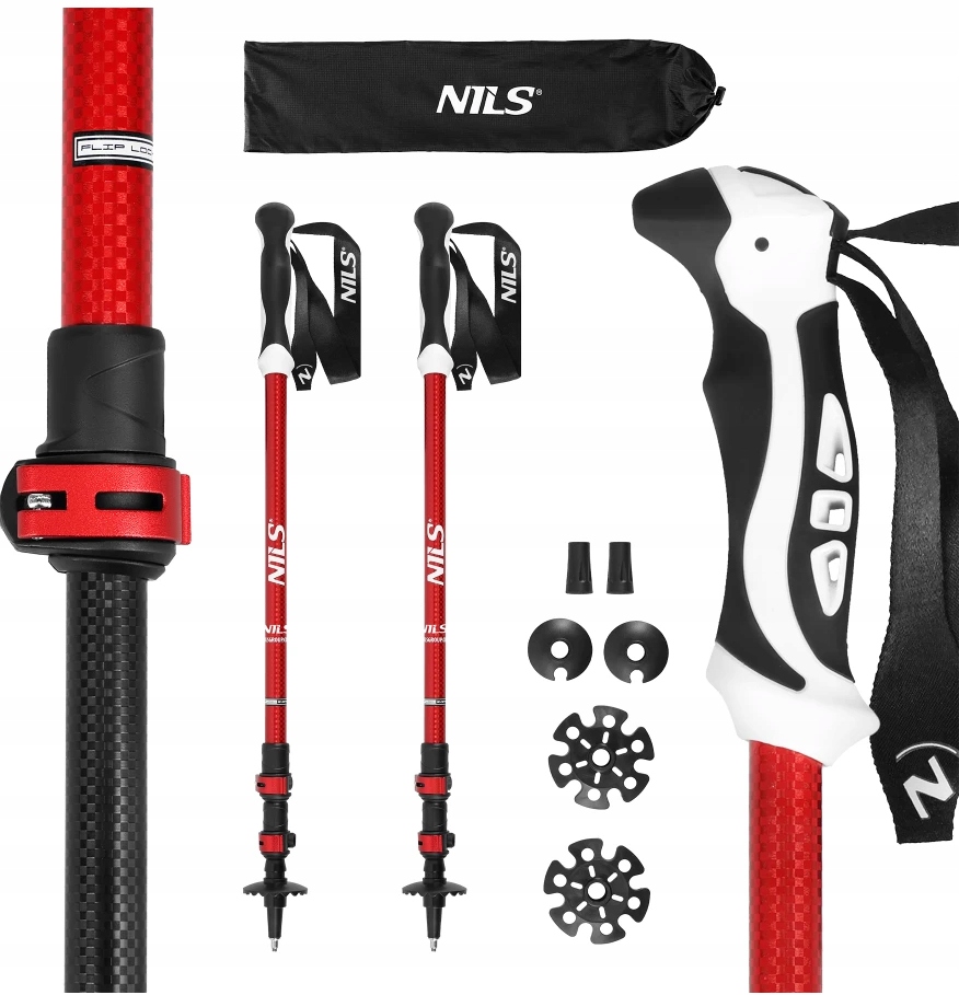 Nils Aluminiowe Kije Trekkingowe TK8601 Red Lekkie Regulowane 63-135cm