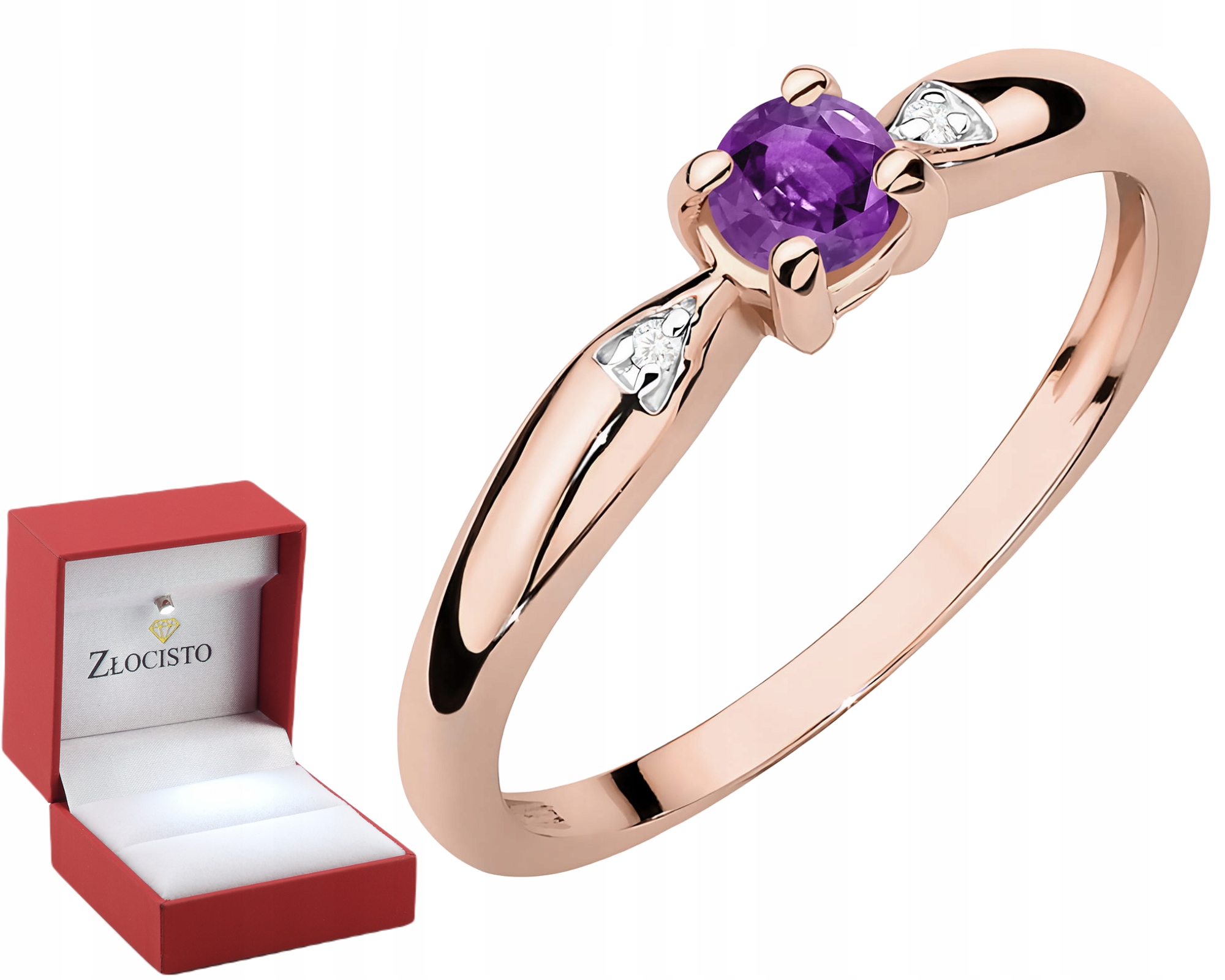 Rozové zlato Prsten Kamien Přírodní Ametyst A Diamant 585 Dárek