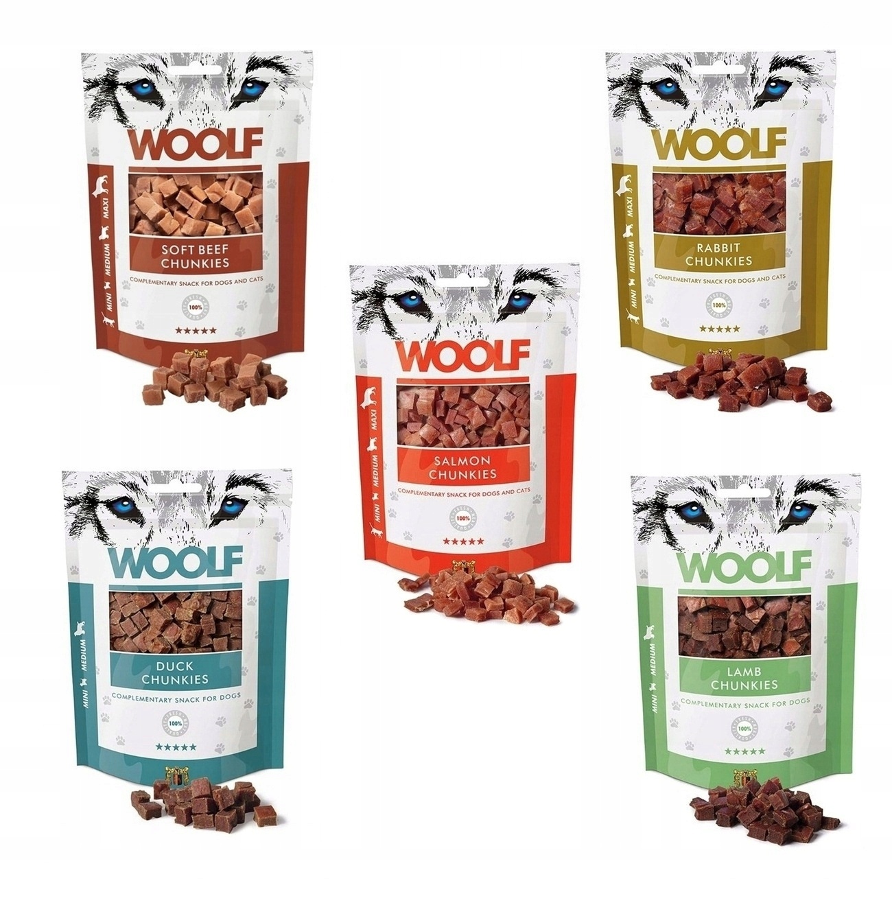 Woolf Psí pamlsky kousky , příchutě mix chutí 5 x 100g