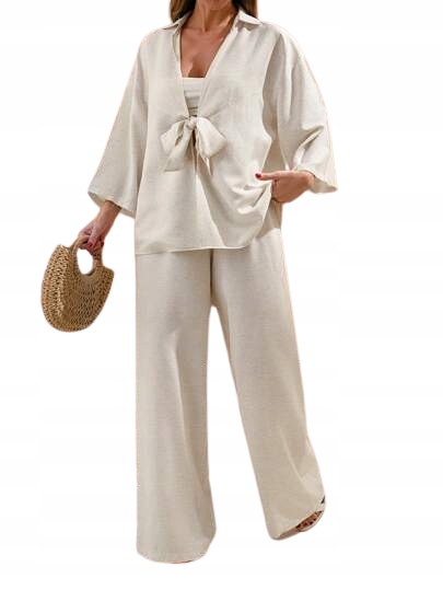 Shein Dámský Komplet Krémová Košile Se Zavazováním A Kalhoty Se Lnem XL 1JA
