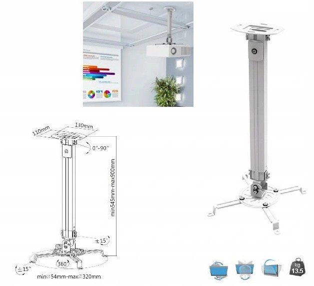 UCHWYT SUFITOWY DO PROJEKTORA 54-90CM SREBRNY Marka Techly
