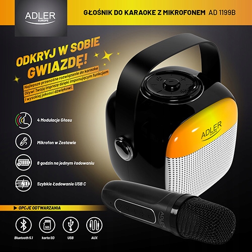 Głośnik Karaoke AD 1199 z Mikrofonem - SD/USB/AUX/Bluetooth