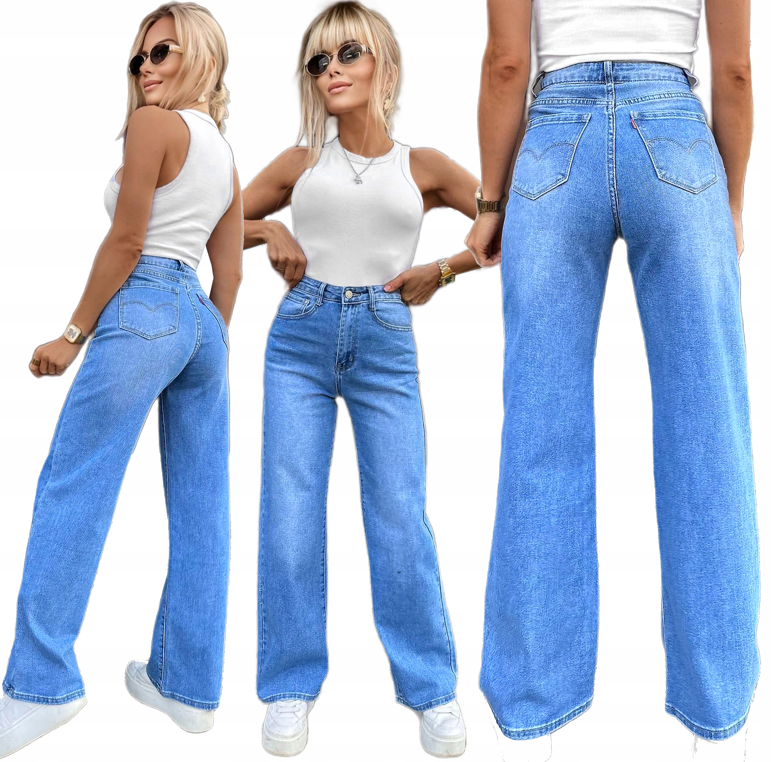 Modré Džíny Dámské Kalhoty rovné nohavice wide leg M Samya