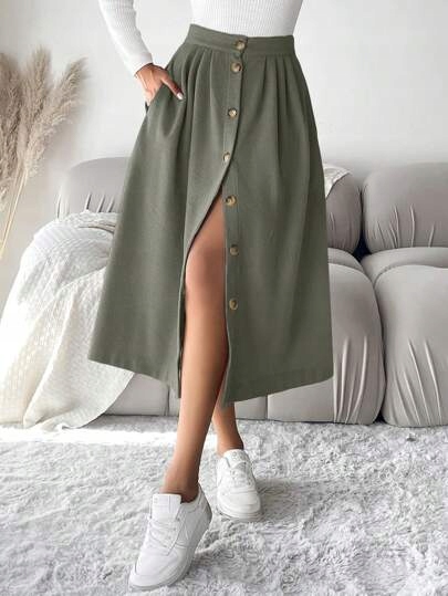 SHEIN SPÓDNICA TRAPEZOWA ZIELONA MIDI M ŁŁC Płeć kobieta