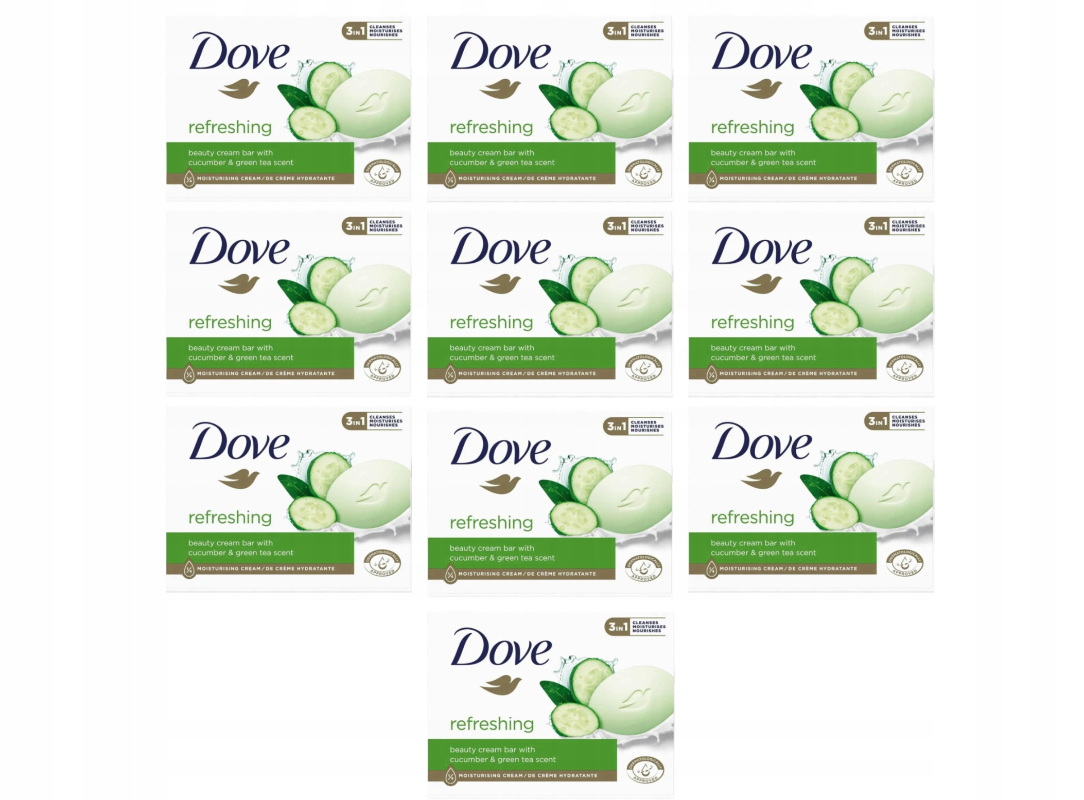 DOVE Refreshing Mydło kremowe w kostce nawilżające 90gx10 Ogórek Herbata