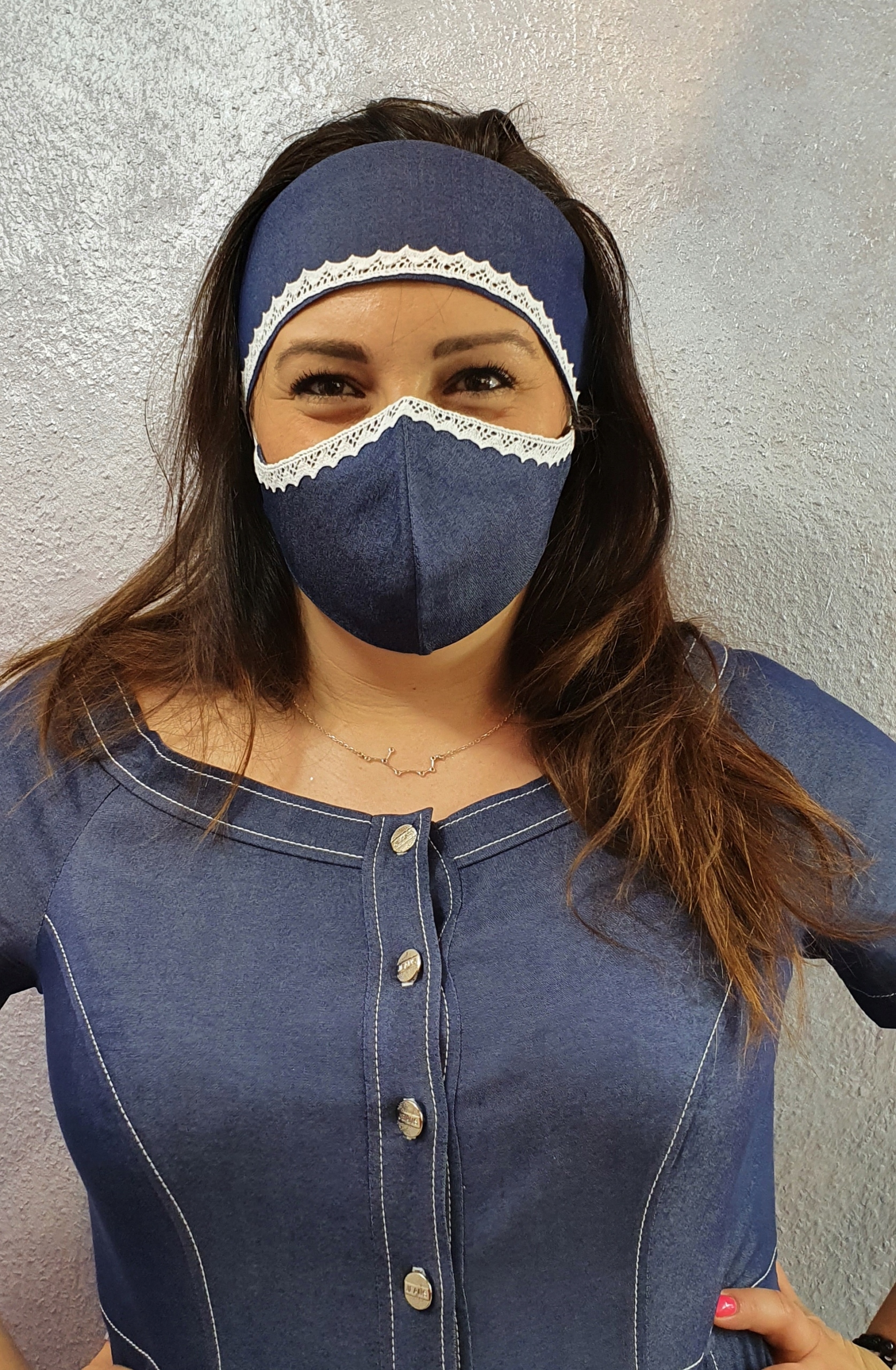 

Opaska wiązana mega cienki jeans z koronką .