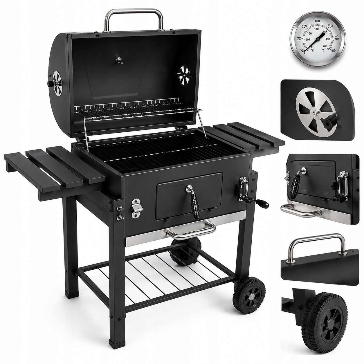 Grill Węglowy Ogrodowy Duzy Stalowy Ruszt Z Pokrywą Z Termometrem XXL