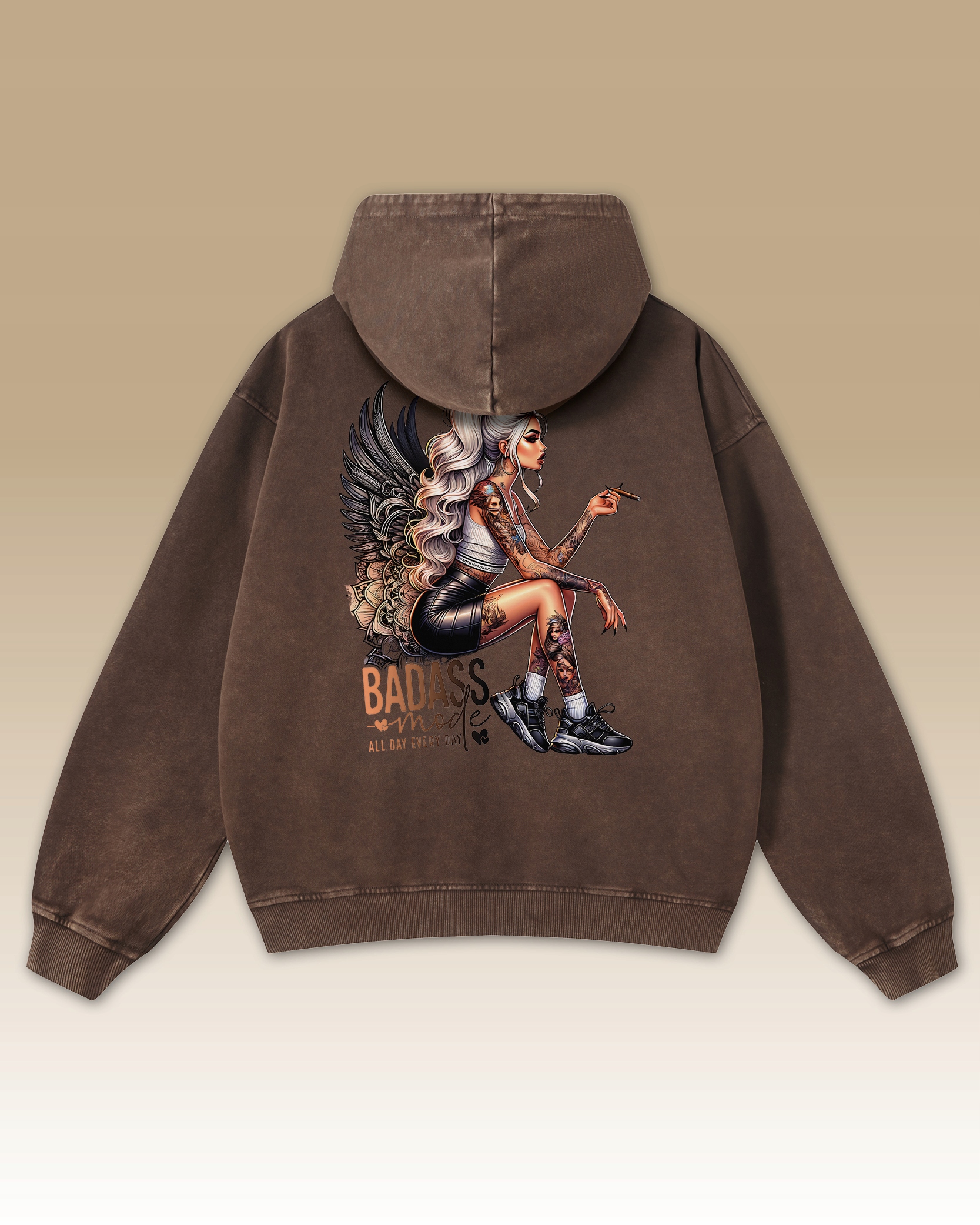 Tattoo Woman Angel Brown s kapucí Oversize mikina XL
