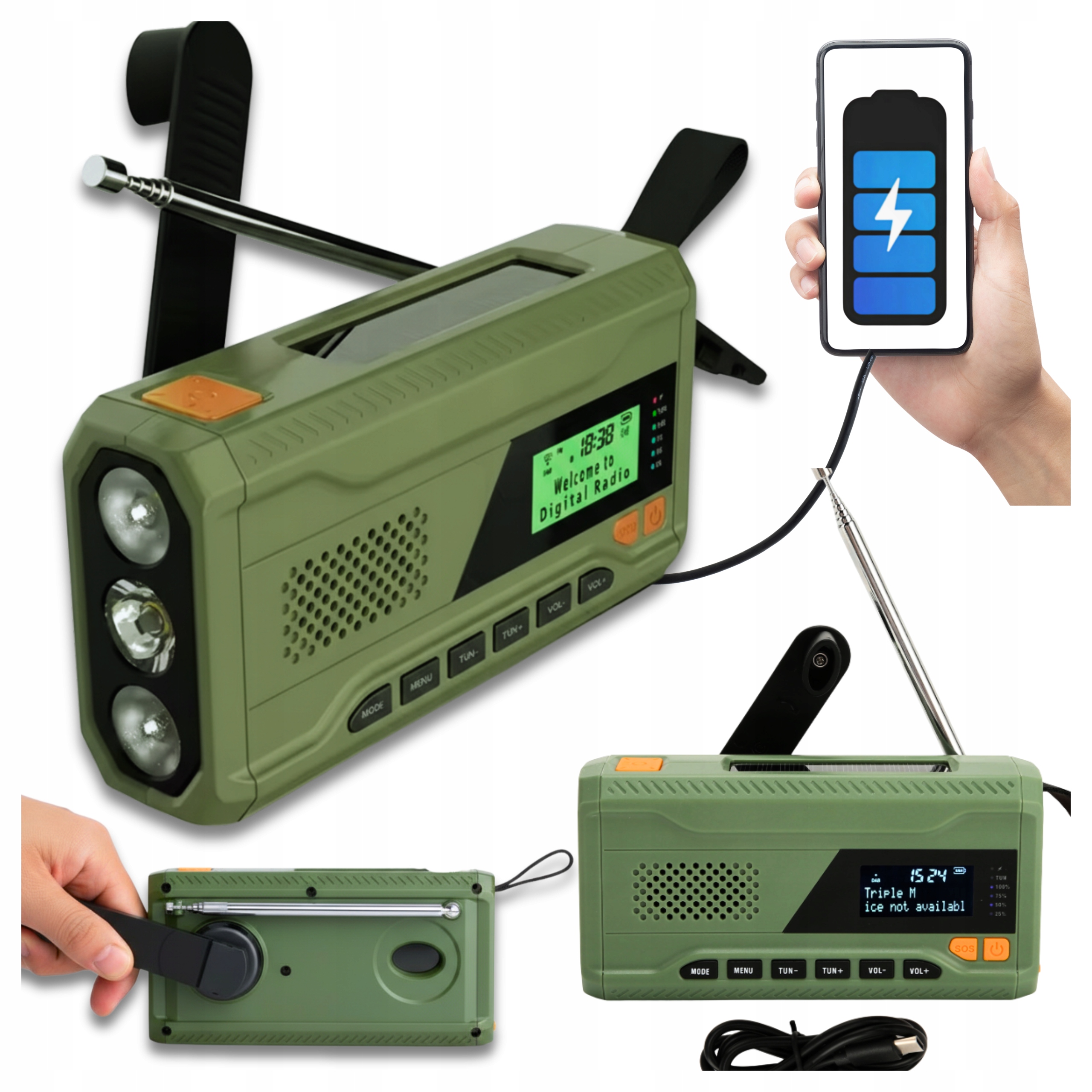 Přenosné Rádio Solární Alarmové Rádio Klika Dynamo Svítilna Powerbanka Omáčka