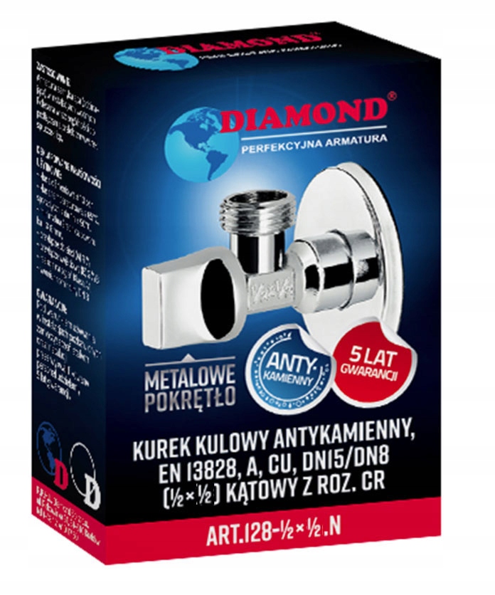 Zawór kulowy kątowy, antykamienny 3/4' ART.128 - metalowe pokrętło