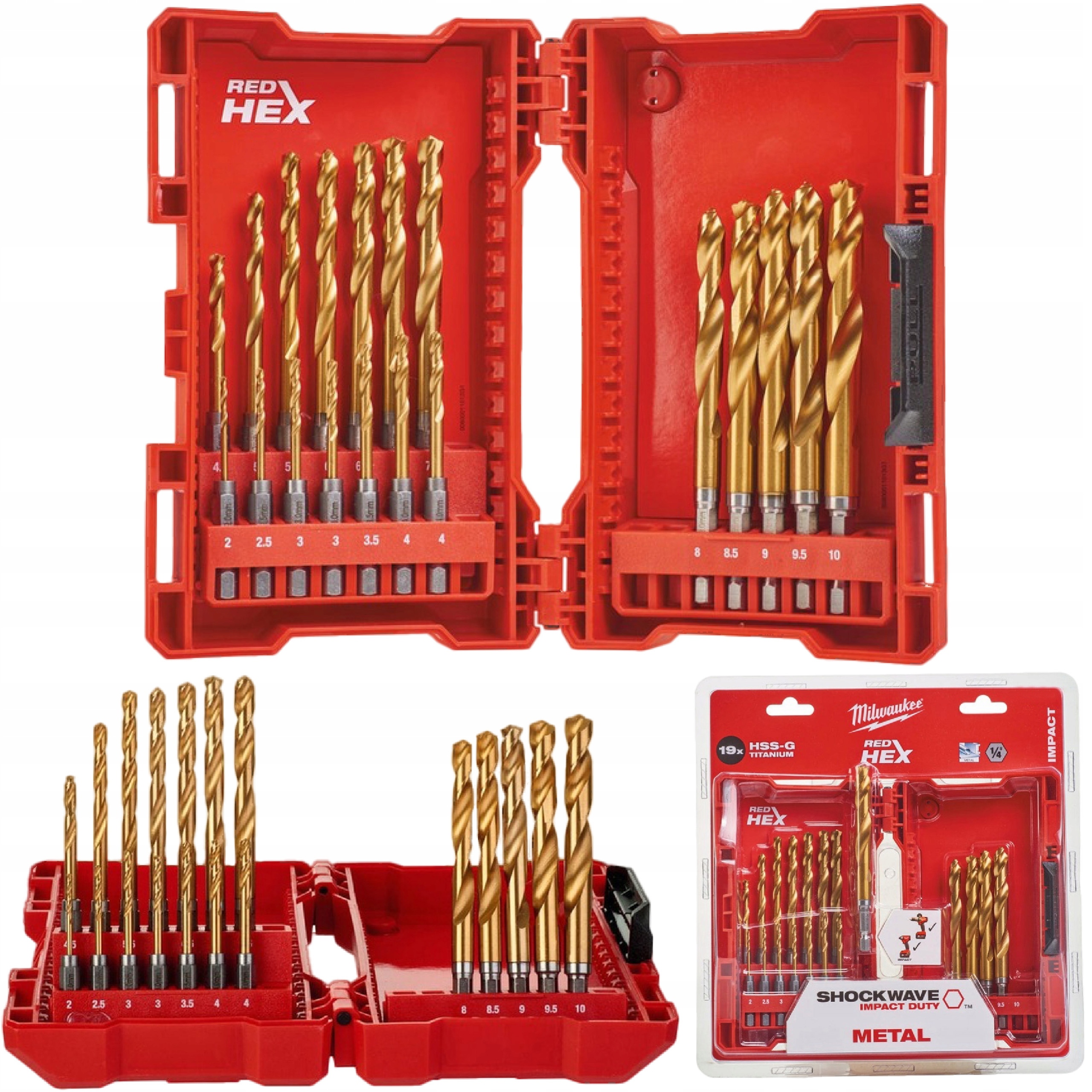 Zestaw wierteł do Metalu 1/4 Hex Milwaukee 19 szt z Łamaczem Hss-g TiN Red