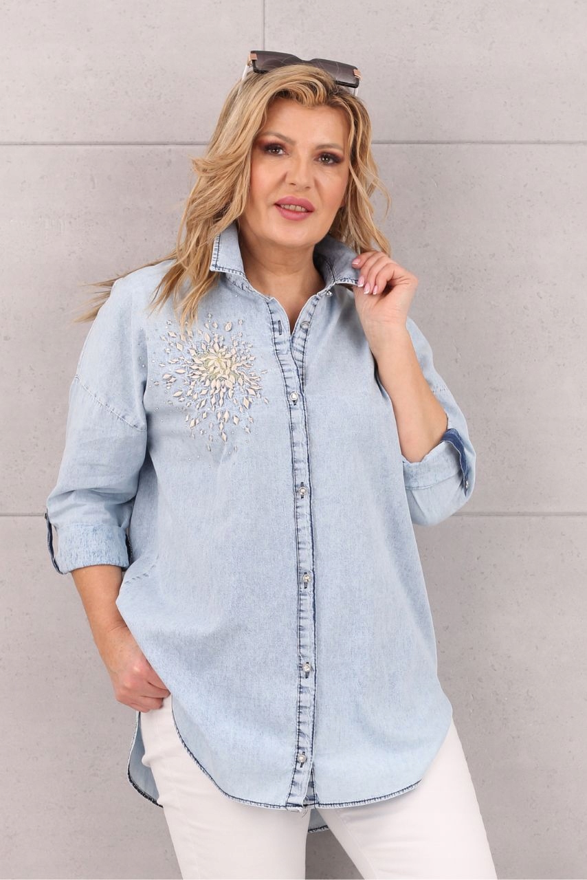 KOSZULA JEANSOWA DAMSKA DUŻE ROZMIARY ELEGANCKA DŁUGA OVERSIZE STYLOWA Płeć kobieta