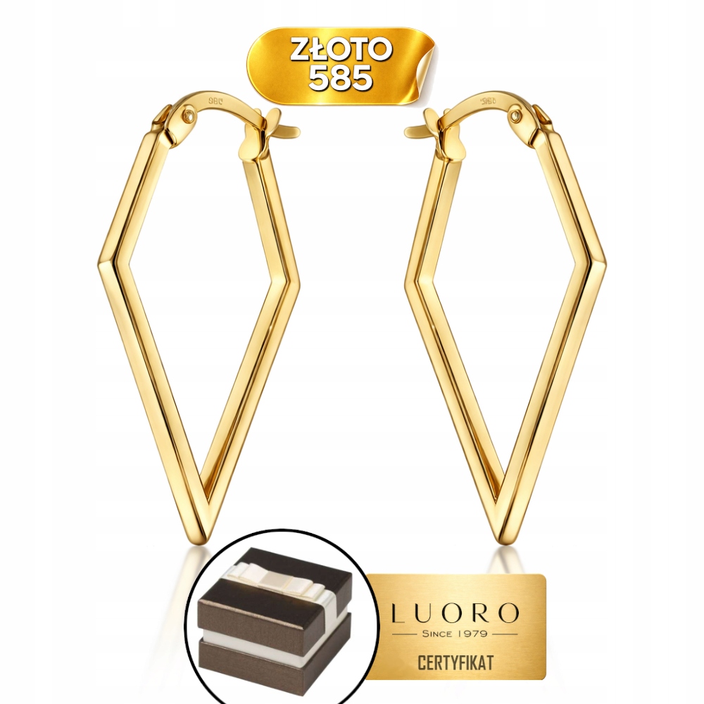 Náušnice Zlaté 585 14K Hladké Kosočtverce 23 MM Anglické Zapínání Elegantní