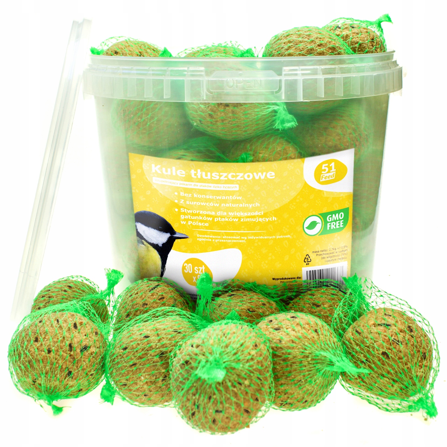 KULE TŁUSZCZOWE KARMA ZE SŁONECZNIK ZIARNO DLA DZIKICH PTAKÓW + KARMNIK Waga 2.7 kg