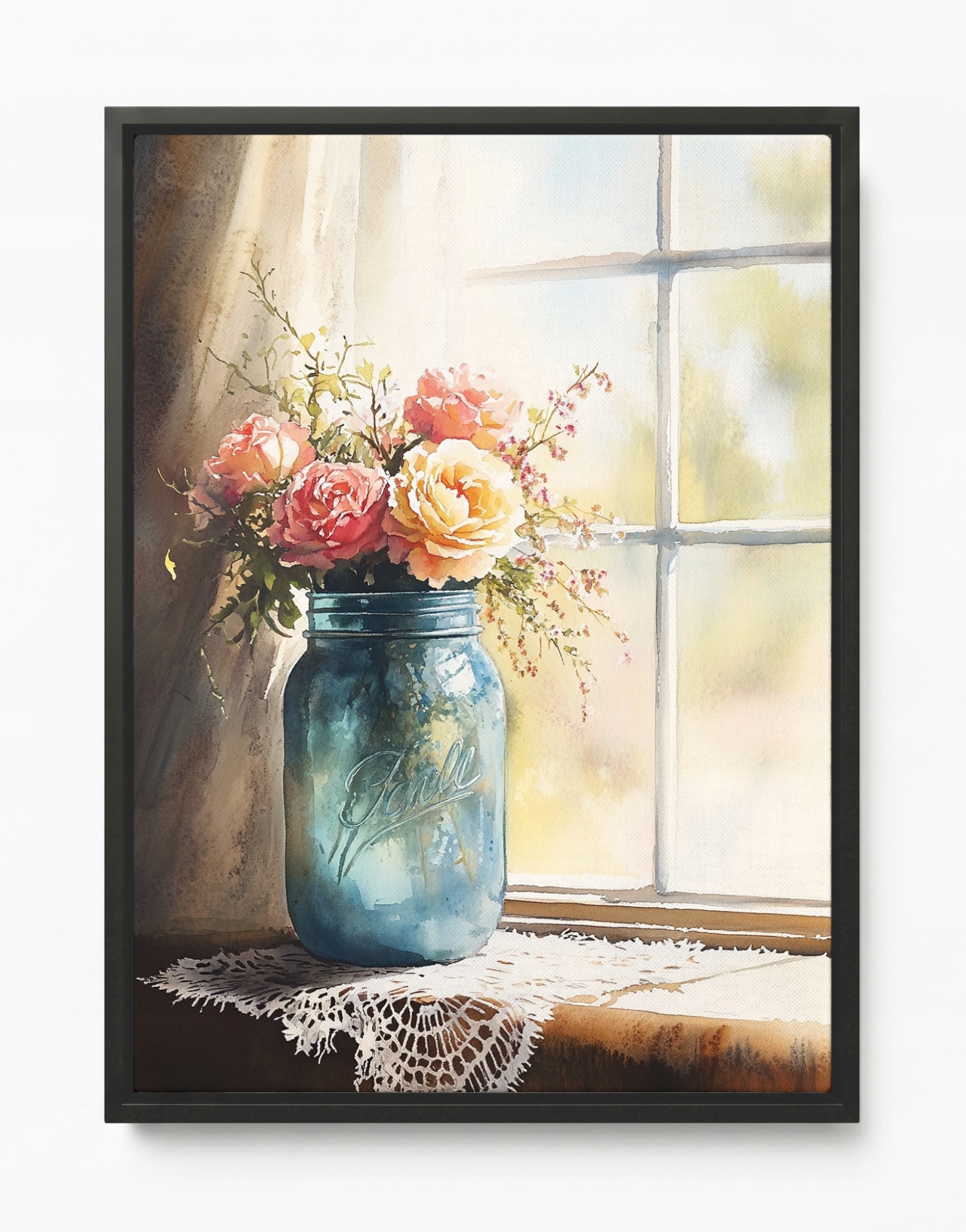 Obraz Rám Americký Box Akvarel Květiny Růže Sklenice Okno Shabby Chic 60x80