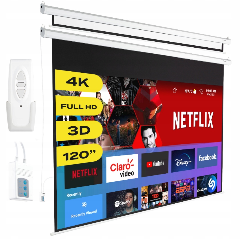 Ścienny Ekran Elektryczny 120 Cali – Projektor, Full Hd, Pilot W Zestawie