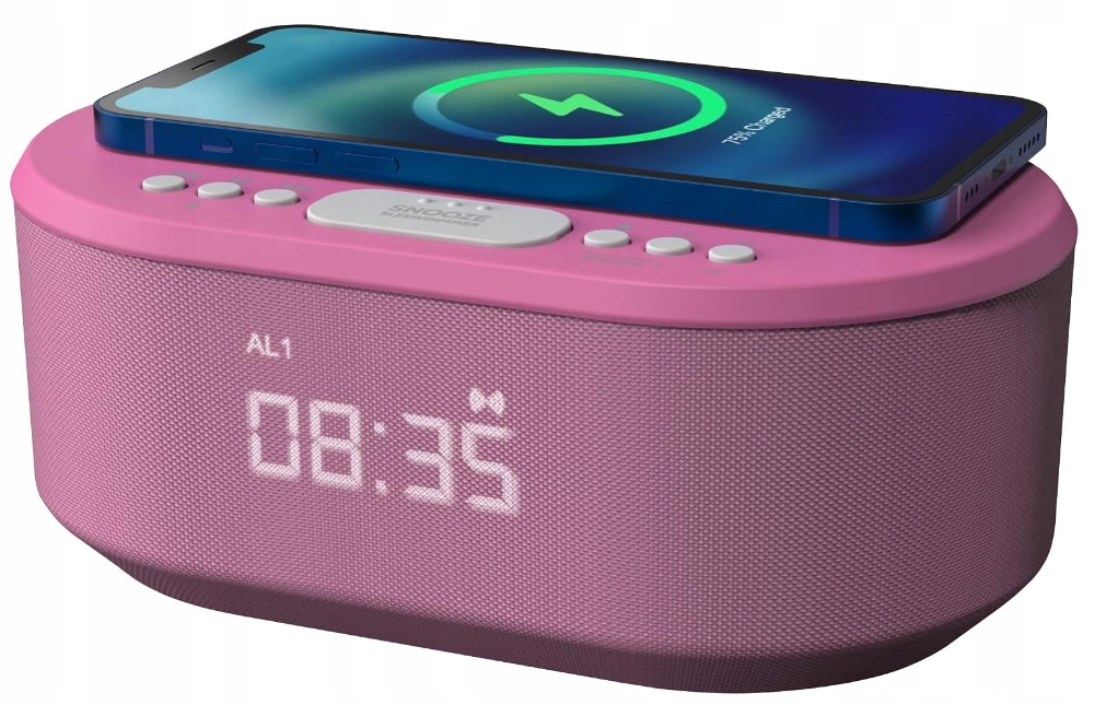 Cyfrowy budzik z radiem, ładowaniem bezprzewodowym (różowy)