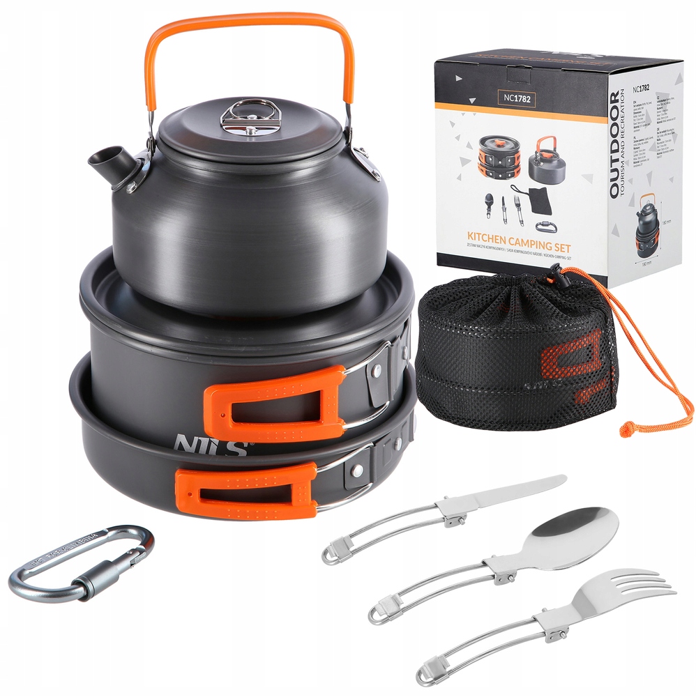 Komplet naczyń Nils Camp czajnik garnek patelnia sztućce i pokrowiec