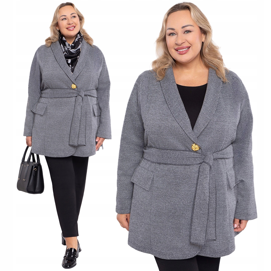 Šedý krátký kabátek s páskem velikost 50/52