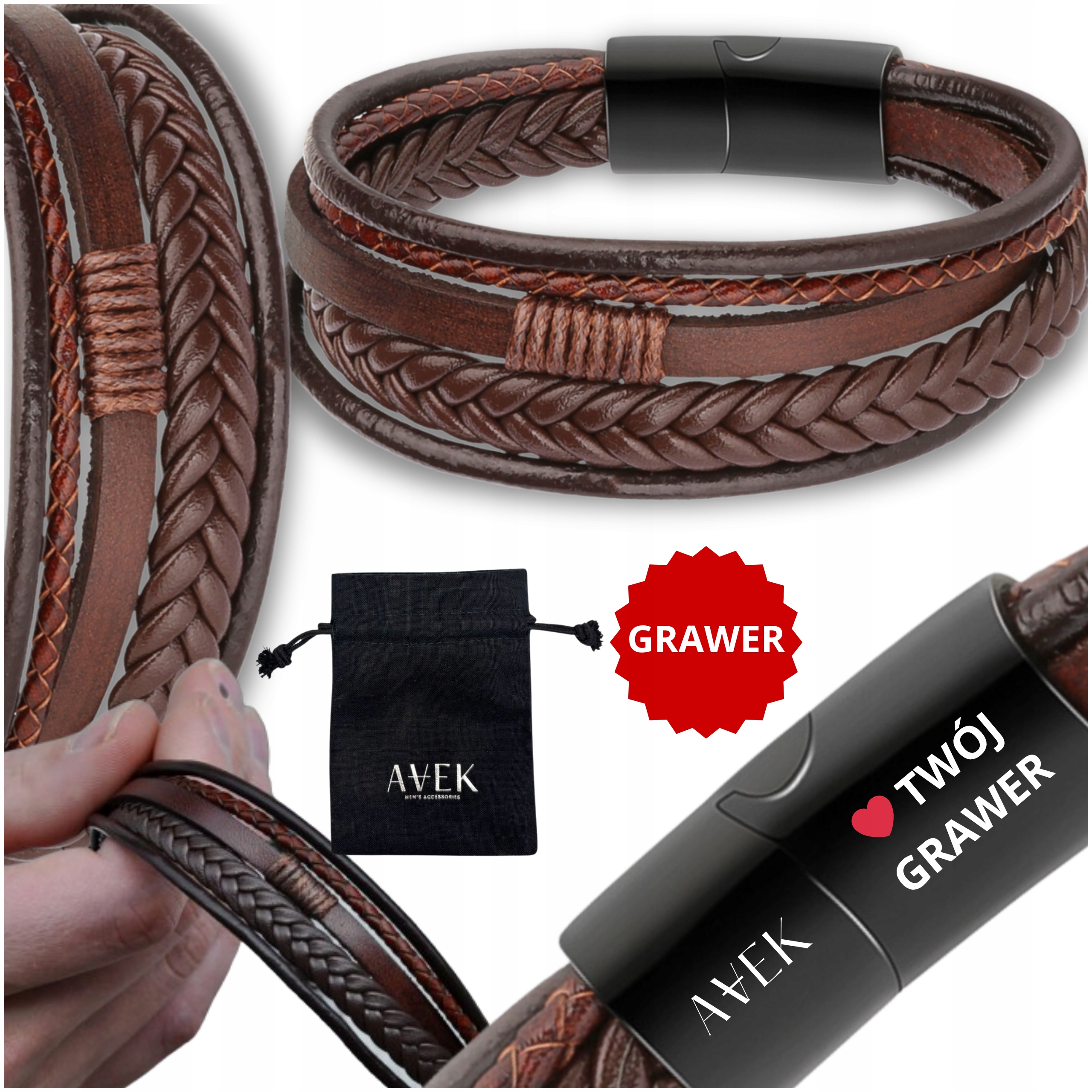 Pánský Kožený Náramek S Gravírováním Gravírování Hnědý Jako Dárek Kůže 19 CM