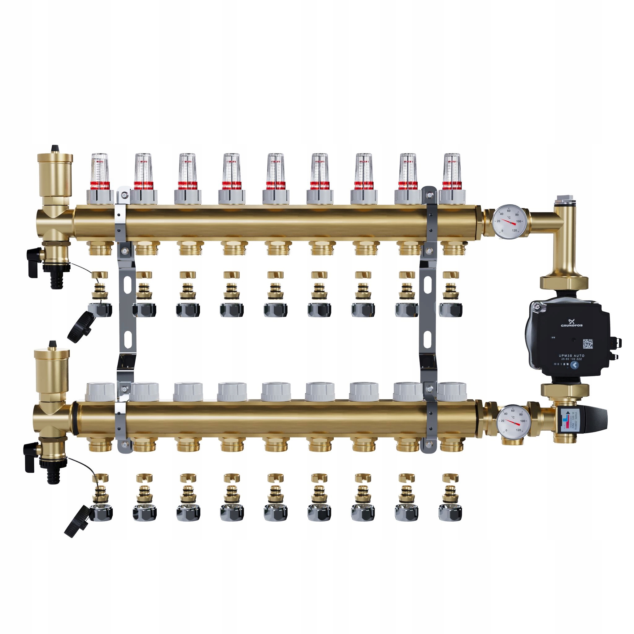 Rozdělovač pro podlahové topení a Spojky Pex+pompa Grundfos 9 sekcí