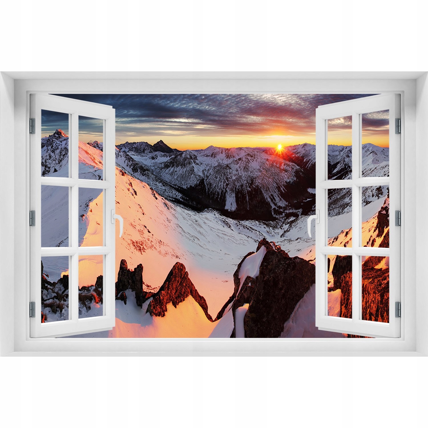 

Naklejka Fototapeta 3D Okno Góry zimą 120x80