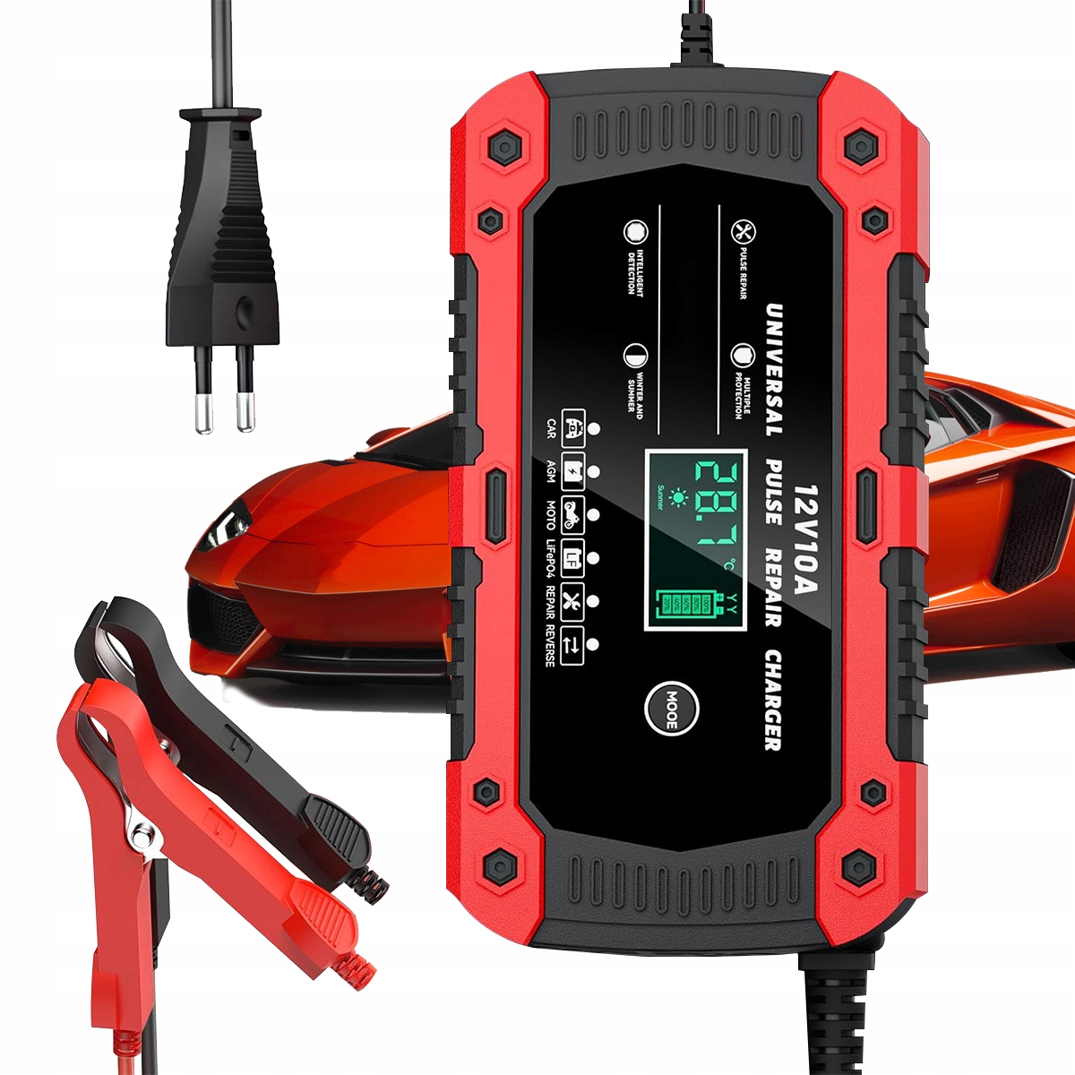 Automatyczny Inteligentny Prostownik Ładowarka Akumulatora LCD 12V 10A