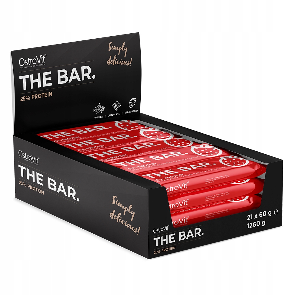 OstroVit The Bar. 21 x 60 g Fit Baton Białkowy 25% Protein Wpc truskawkowy